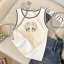 Women Clothing 2024 Summer Chinese Style Embroidery Vintage Contrast Color Tank Tops Casual O Neck Sleeveless Slim Knitted Vest
