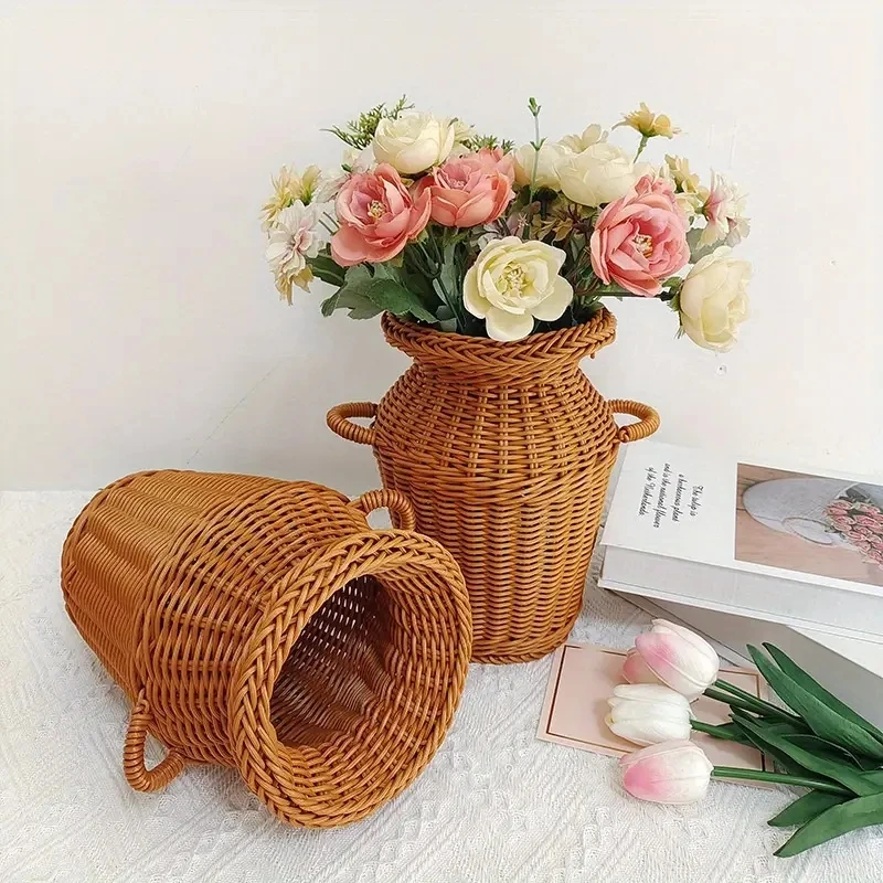 2PCS Classic Style Woven Rattan Flower Basket, Durable And Washable, ChineseRetro Flower Arrangement, Practical Home Decorations