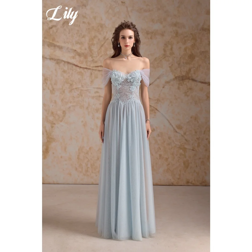 

Lily Blue Off-Shoulder Prom Dress Sweetheart Neck Evening Dress with 3D Floral Lace Flowy Tulle A-Line Party Dress Customized