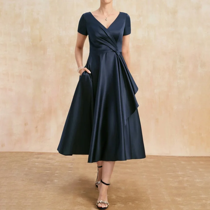 

Elegant Mother of the Bride Dresses Satin V-Neck Tea-Length A-Line with Pleats Wedding Guest Party for Women 2023 Evening Gala