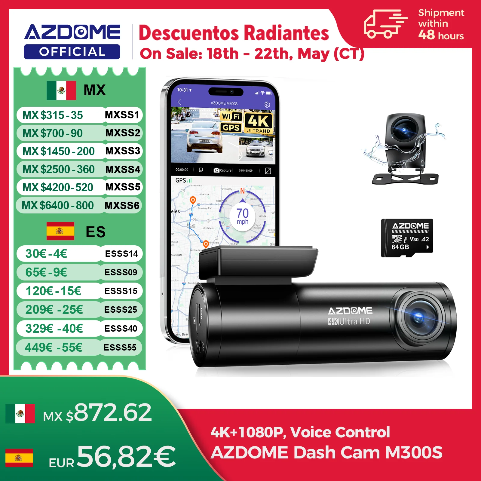 AZDOME M300S 4K Dash Cam Delantera y Trasera, Cámara de Salpicadero GPS WiFi ADAS incorporada para Coches, Tarjeta de 64 GB Gratuita, Control de Voz, Visio Nocturno