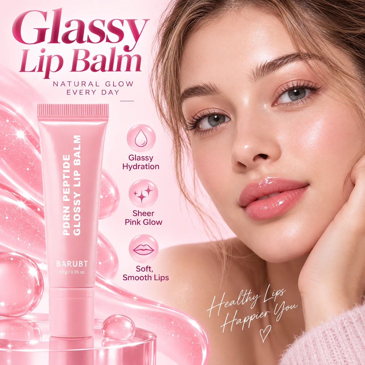 BARUBT PDRN Peptide Glossy Lip Balm 10g Hydrating Nourishing Lip Moisturizer Shiny Lip Gloss Soothe Dry Chapped Lips Lip Care