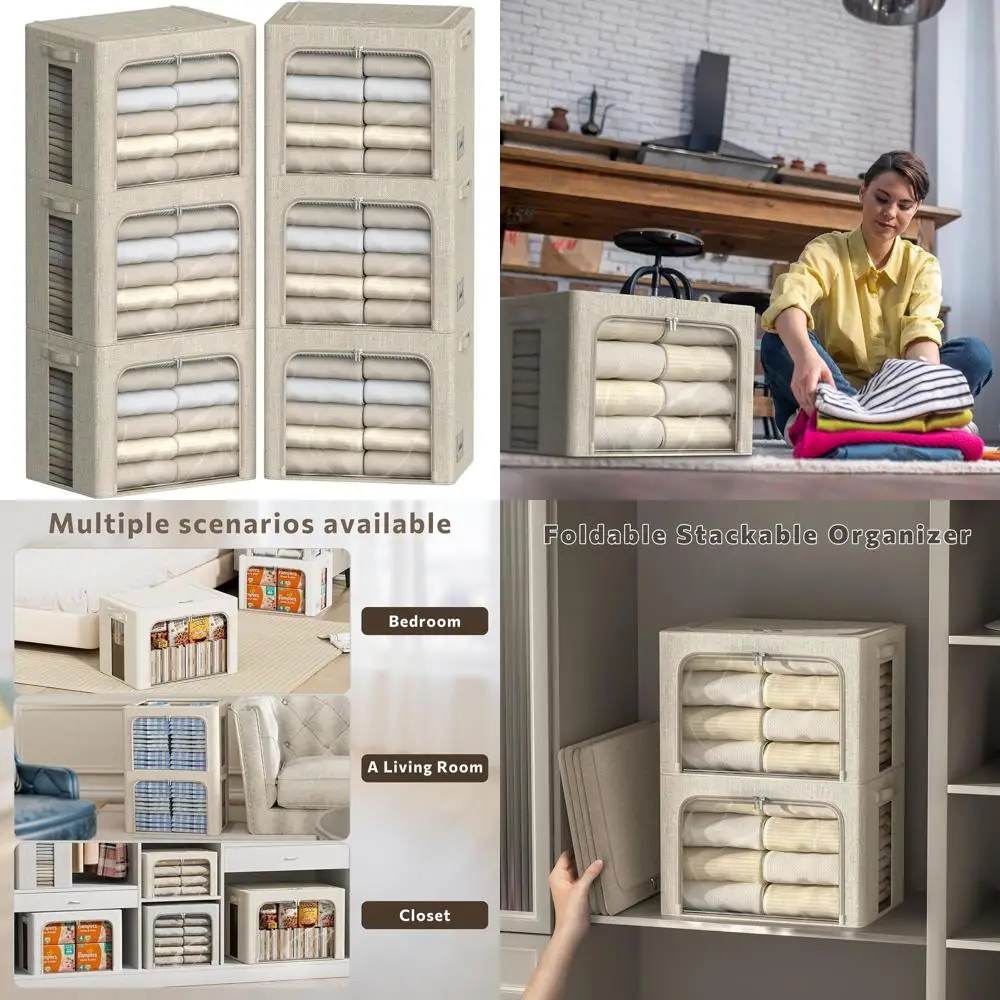 

Набор из 6 тканевых корзин для хранения с металлическим каркасом и прозрачным окном, бежевый, 40 л, 16,5x12,2x12,2 дюйма