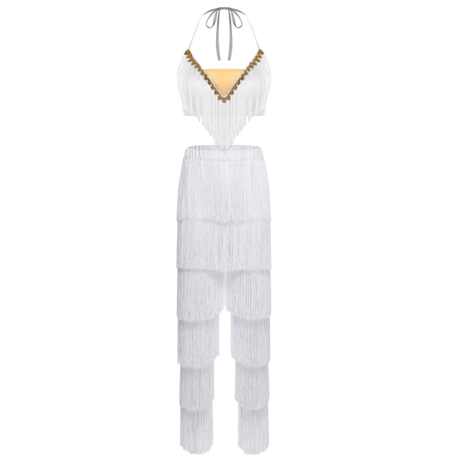 Women Shiny Sequin Color Block Tassel Latin Dance Jumpsuit Salsa Samba Rumba Outfits Disco Costume Tango Cha-cha Dancewear