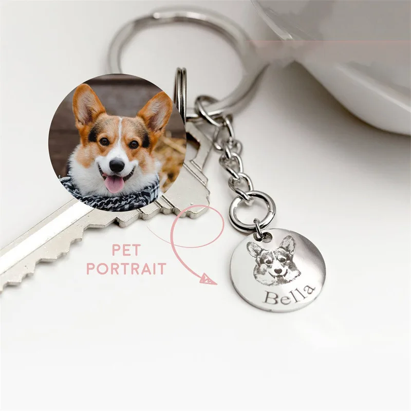 Pet Memorial Gift Lady Carved personality dog gift Carved pet photo keychain