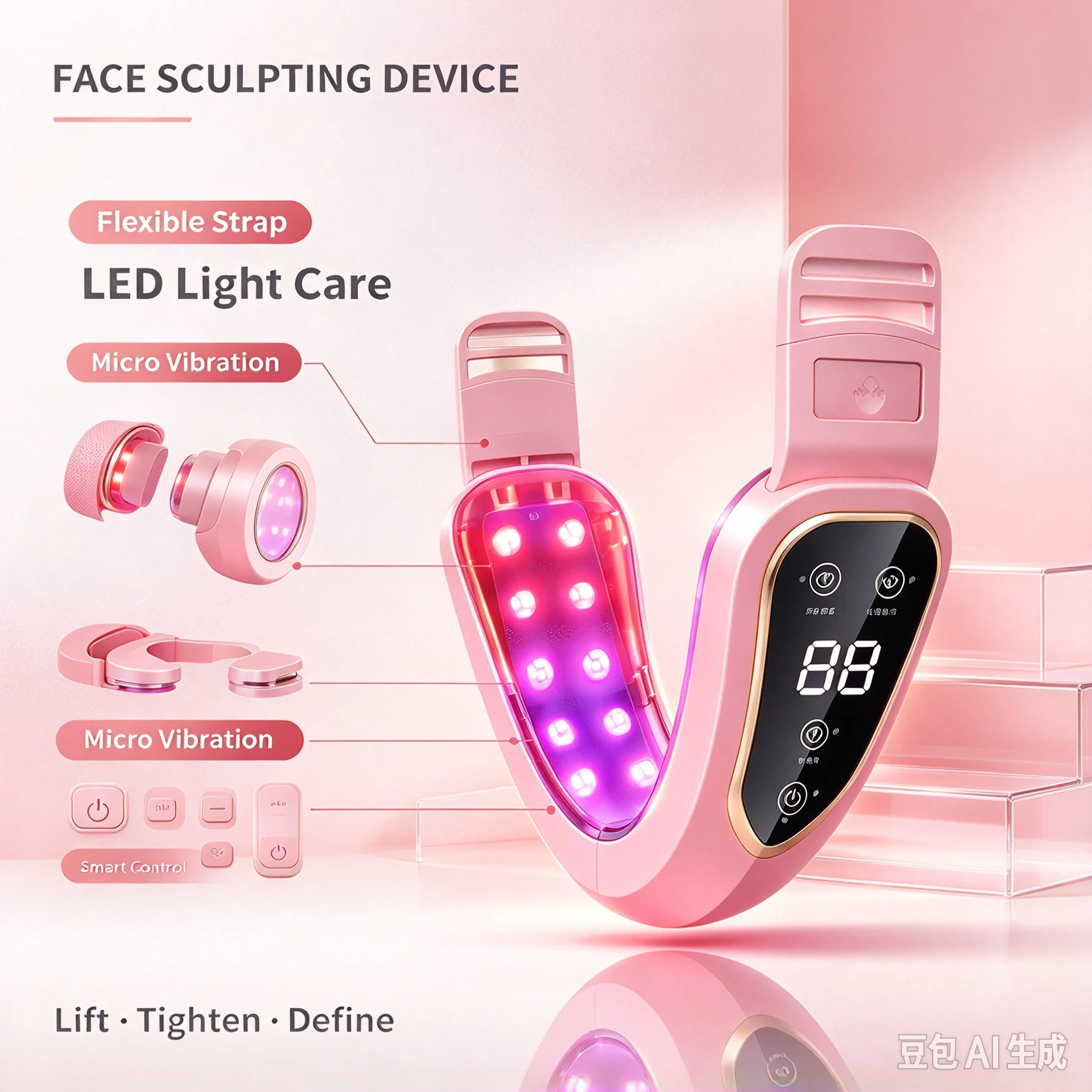 led光療法によるフェイシャルリフティング機器。振動マッサージ機能付き。二重あごを解消し、v字型のフェイスラインを形成するための、肌を引き締める効果のあるフェイスリフトベルト。