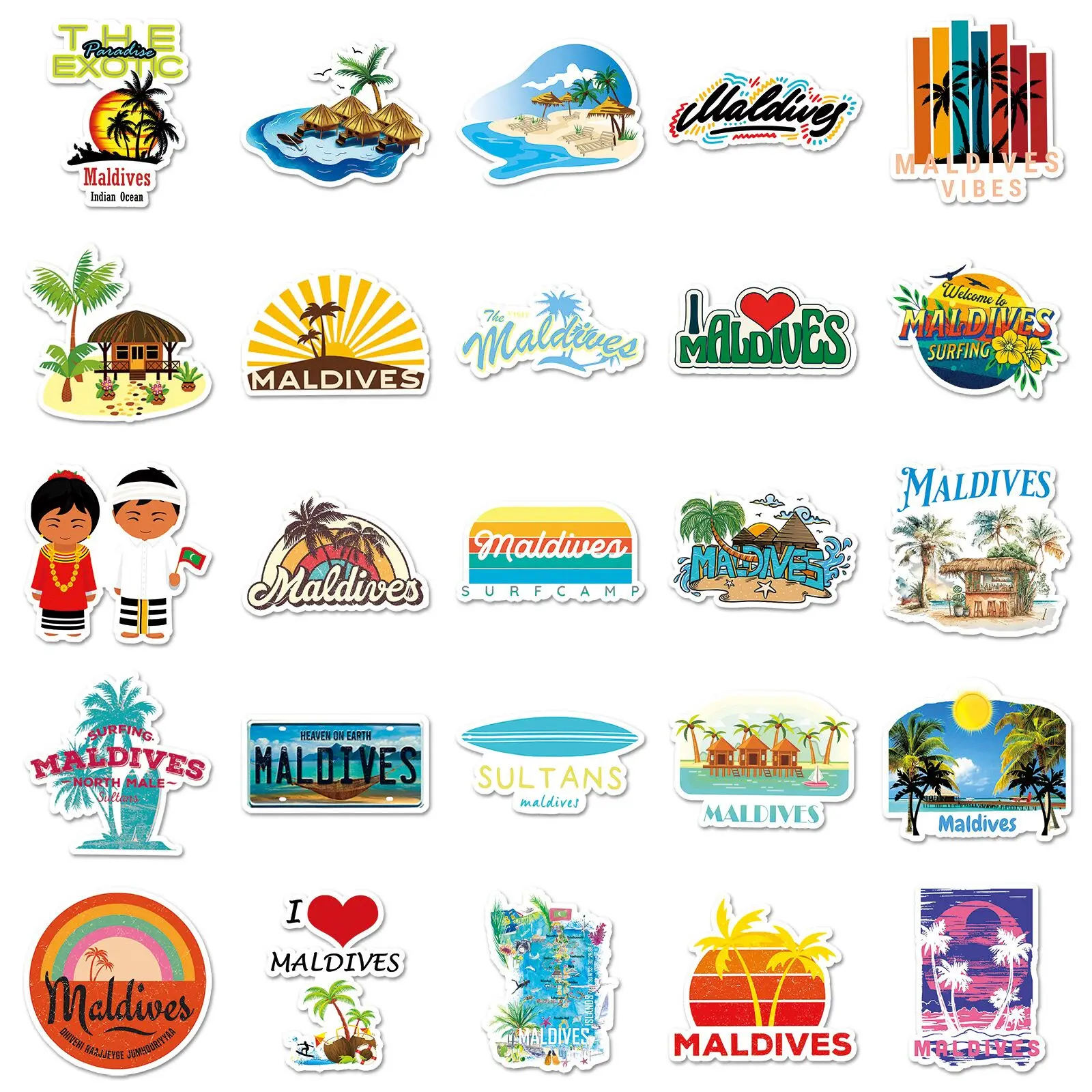 10/50pcs Cute Maldives Travel Stickers Holiday Beach Surfing Sticker Decals Toy DIY Luggage Laptop Phone Fridge Guitar Car Bike