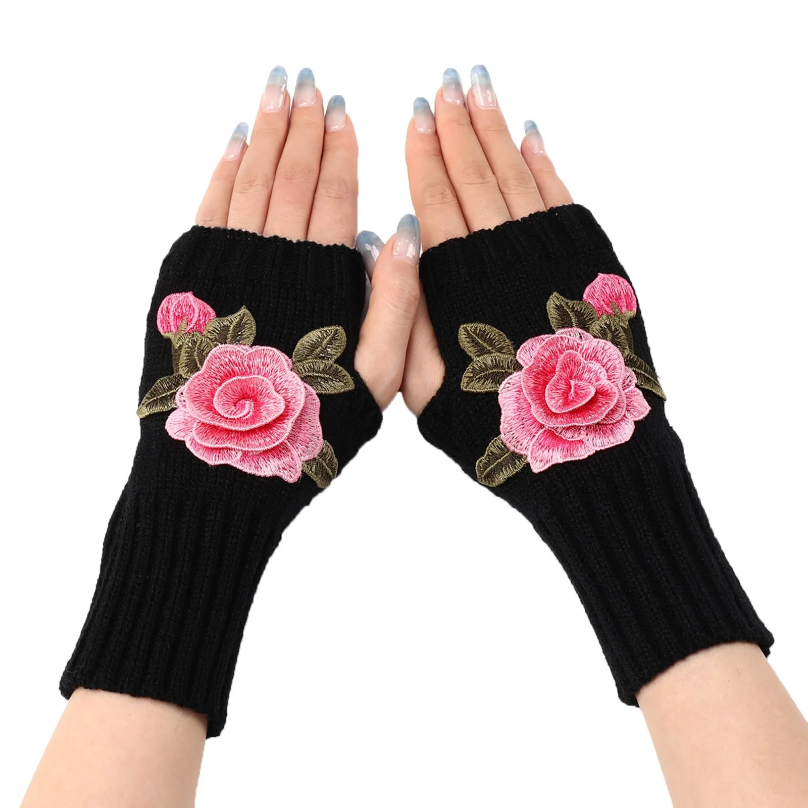 

Autumn Winter Women'S Short Gloves Embroidered Flower Knitted Wool Sleeves Warm Mittens Fingerless Gloves Kawaii Rose Warmer