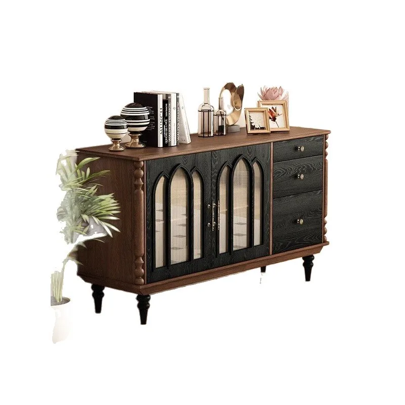 

French solid wood dining side cabinet integrated against the wall, living room retro coffee tea wine