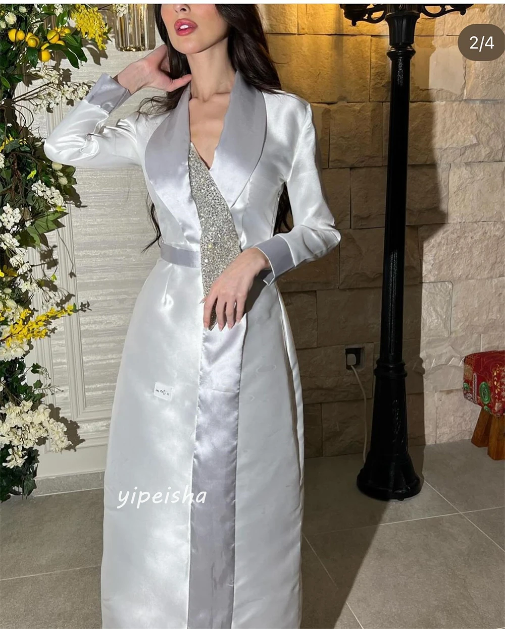 Robe en satin à manches longues et col en V pour femmes, robes à manches longues, zone croisée, occasion sur mesure