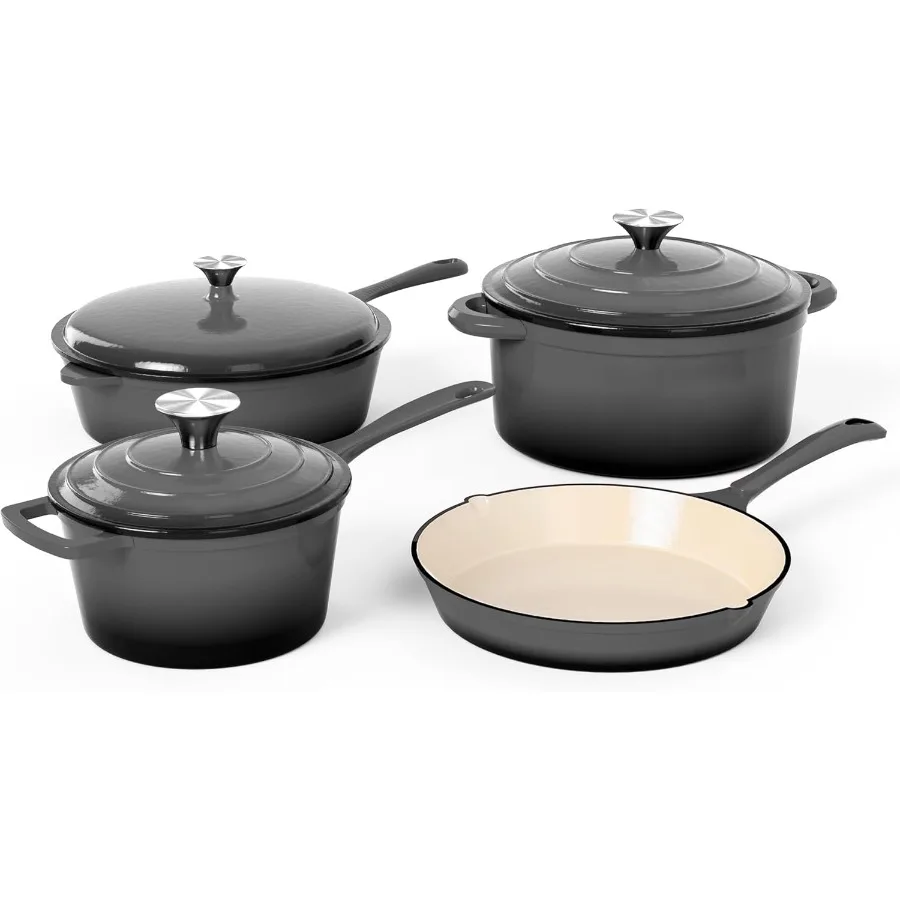 

Enamel Cast Iron 7 Piece Cookware Set Dutch Oven Pot with Lid Grey Non Stick Pots and Pans Set for Stovetop and Oven Use Oven S