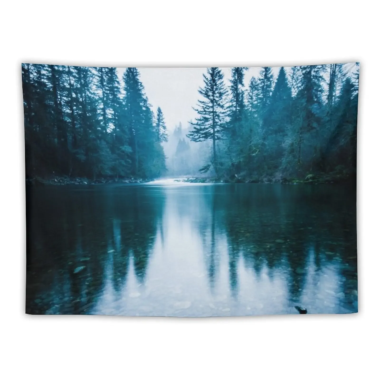 Forest Mountain Fog - Blue Lake Reflection Tapestry Outdoor Decor Decorative Wall Mural Tapestry