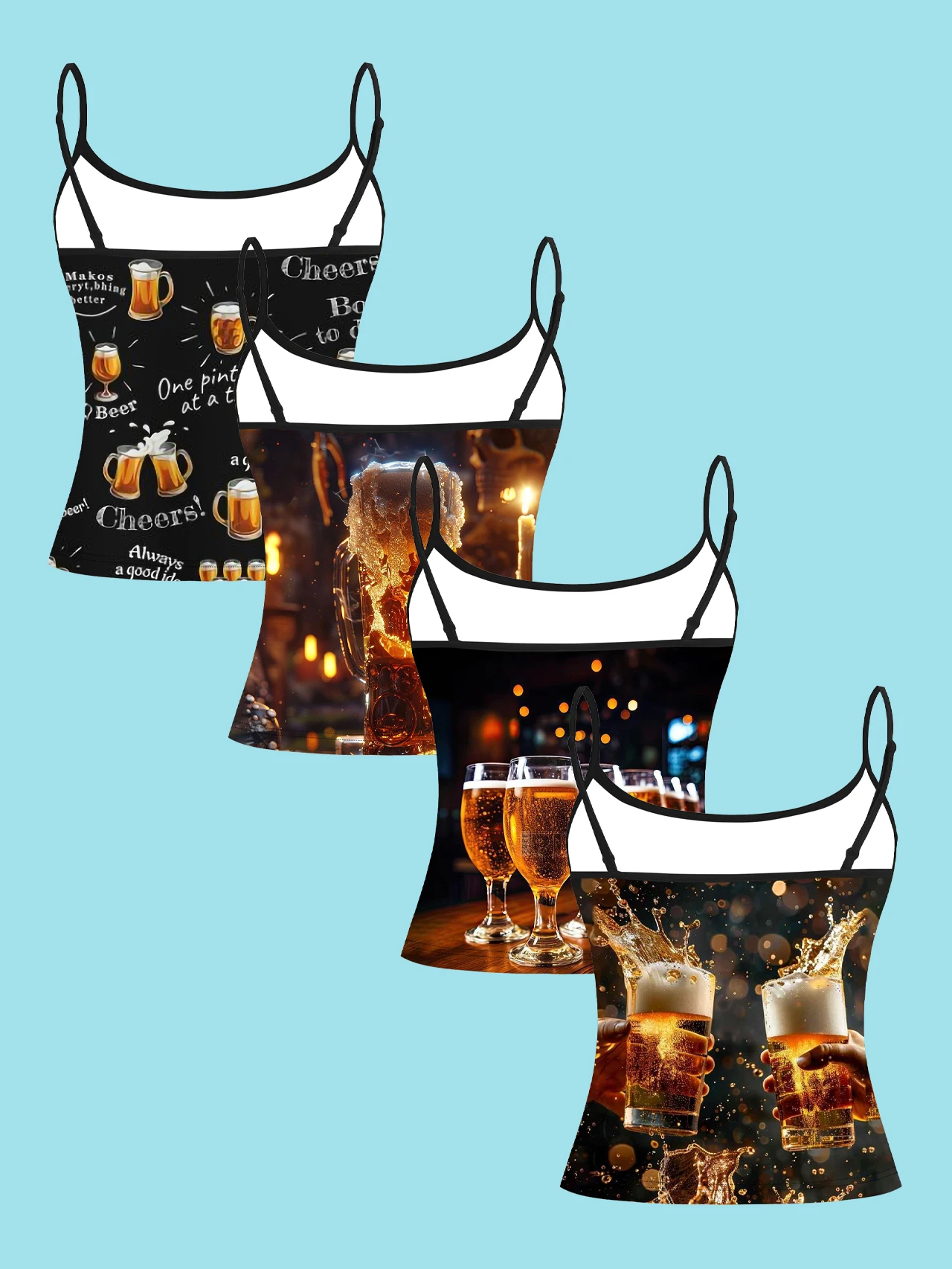 4-Piece Set of Beer-Themed Women's Camisoles with English Slogans, Candlelight Beer Glasses, and Splash Print, Slim-Fit Spaghetti Strap Short Camisole Tops