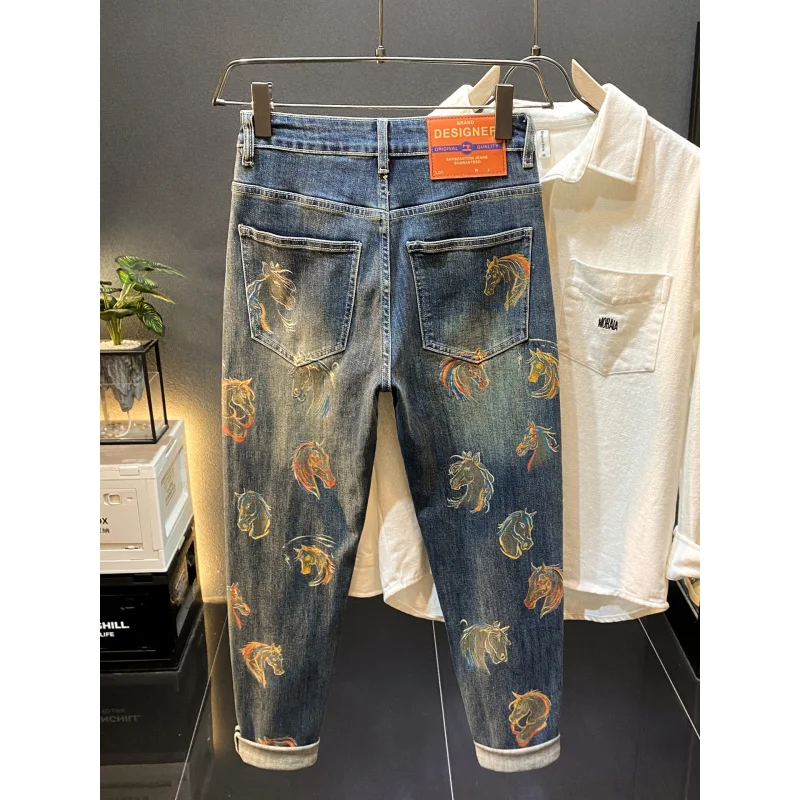 Autumn jeans men 2025 new trend light luxury printed small feet high-end straight leg casual elastic pants