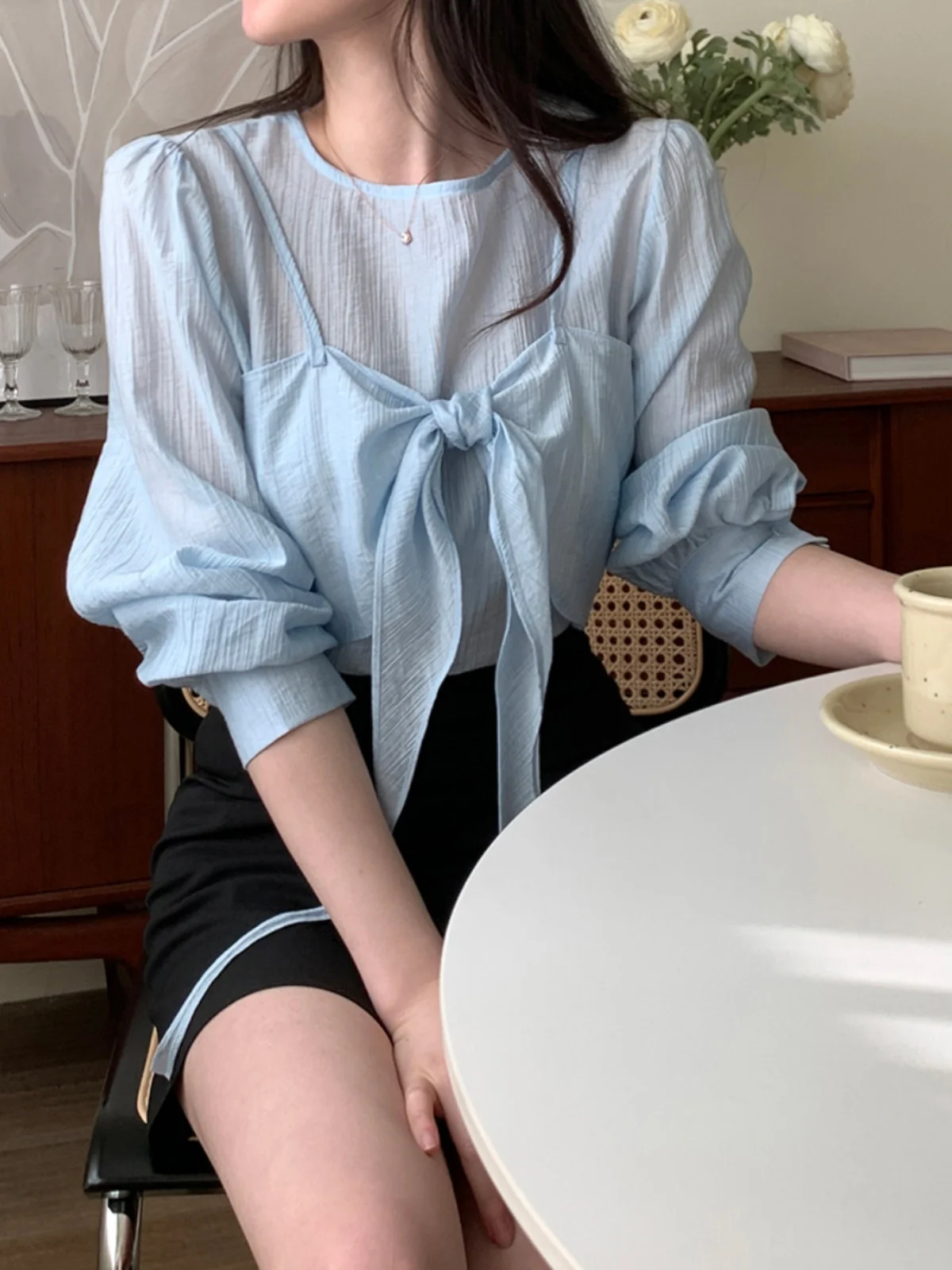 春韓国風甘い優しい蝶結び長袖シースルーシャツレディースツーピースセットカジュアル快適なゆったりフィット