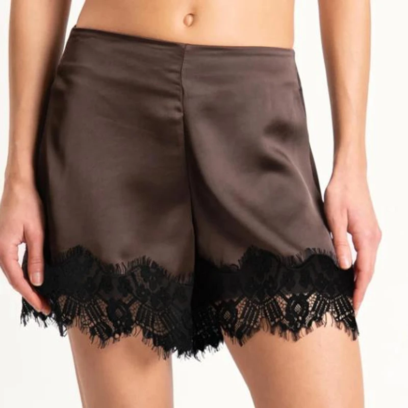 

Женские элегантные кружевные лоскутные атласные шорты, винтажные шорты на молнии сзади с низкой посадкой ‌ Леди сексуальные модные мягкие шелковистые пижамные штаны