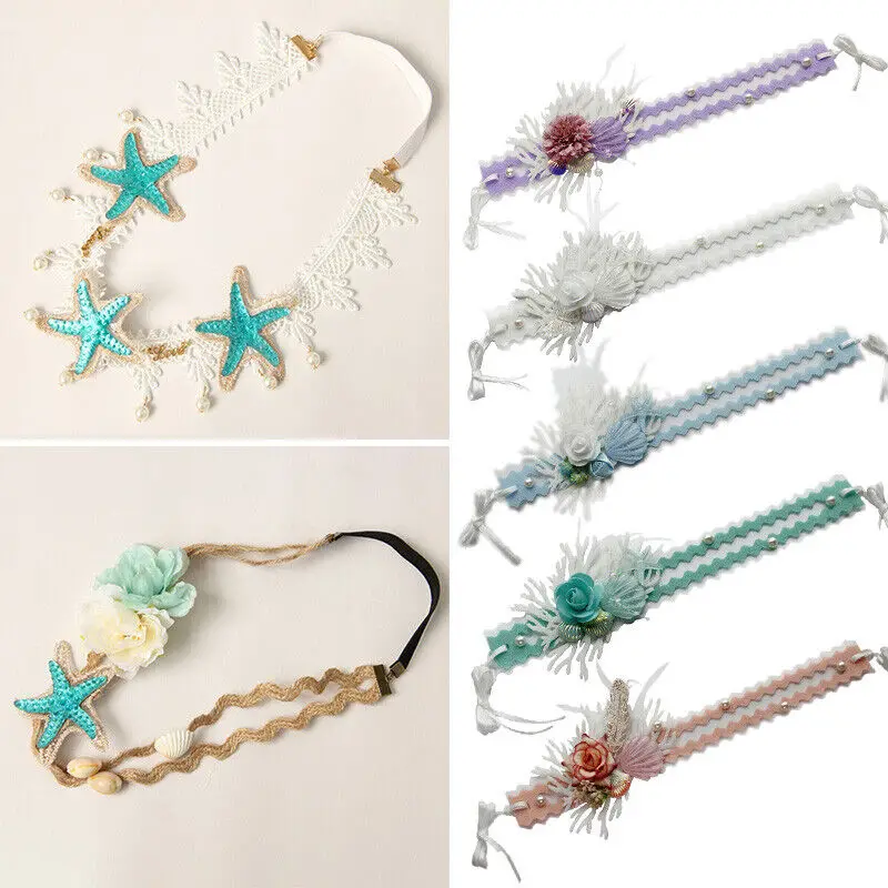 Colorful Flower Lace-up Headband Princess Girl Crown Mermaid Sea Star Shell Headband Prop Garland Headwear Accessories