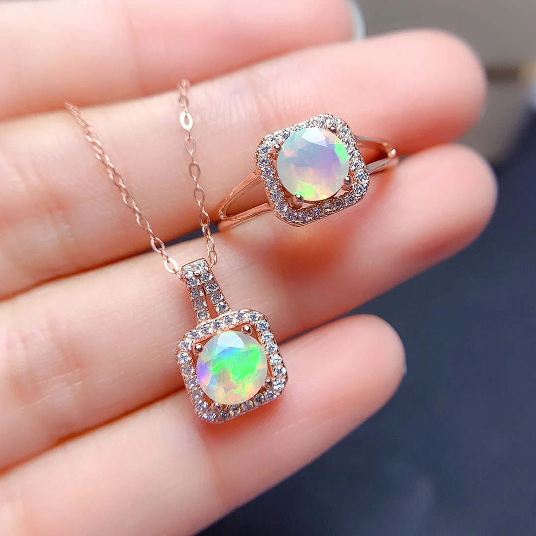 

Natural Opal Ring Pendant 925 Sterling Silver Set Necklace Engagement Women Jewelry Gift