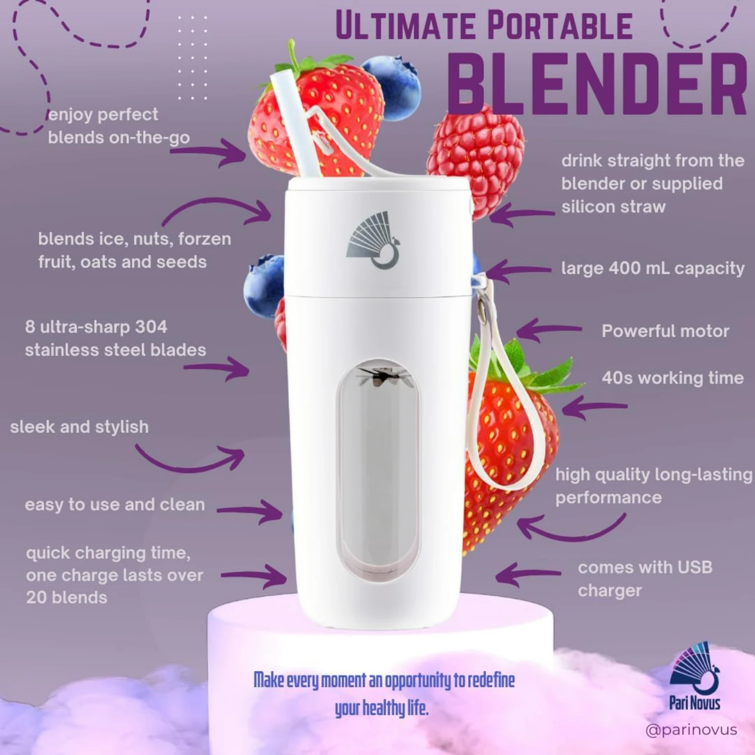 

Powerful and Versatile Portable Blender for On-the-Go Smoothies and Shakes - Premium USB Rechargeable Mixer Cup with Compact Des