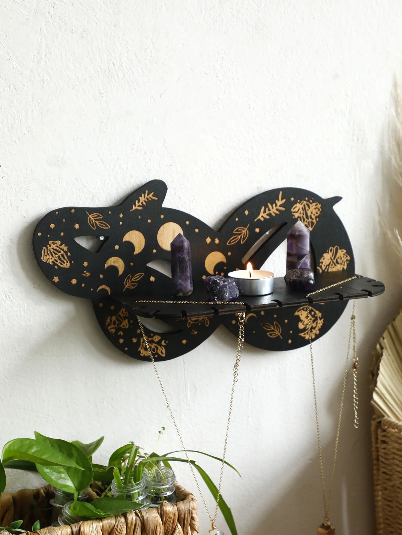 Gothic Snake Floating Wall Shelf Crystal Shelf Wooden Wall-Mounted Shelves Moon Phase Candles Display Stands Witchy Home Decor