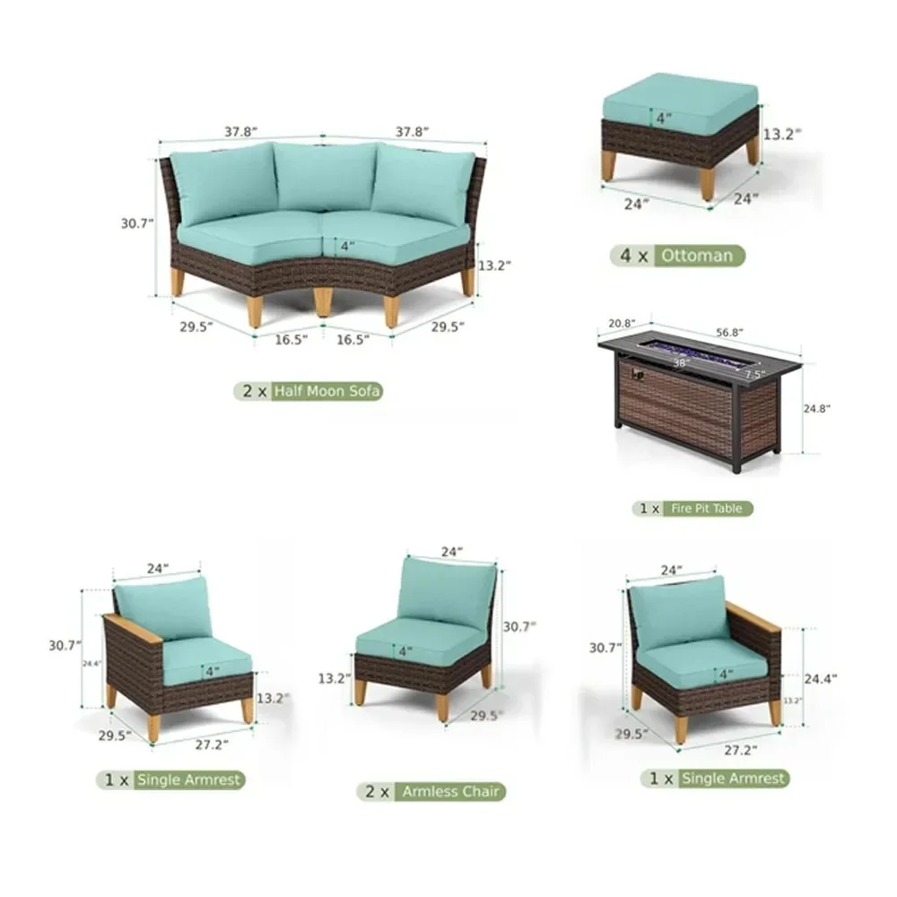 Set furnitur teras anyam ukuran besar, semua cuaca rotan luar ruangan setengah bulan melengkung Sofa Modular Set untuk taman, halaman belakang