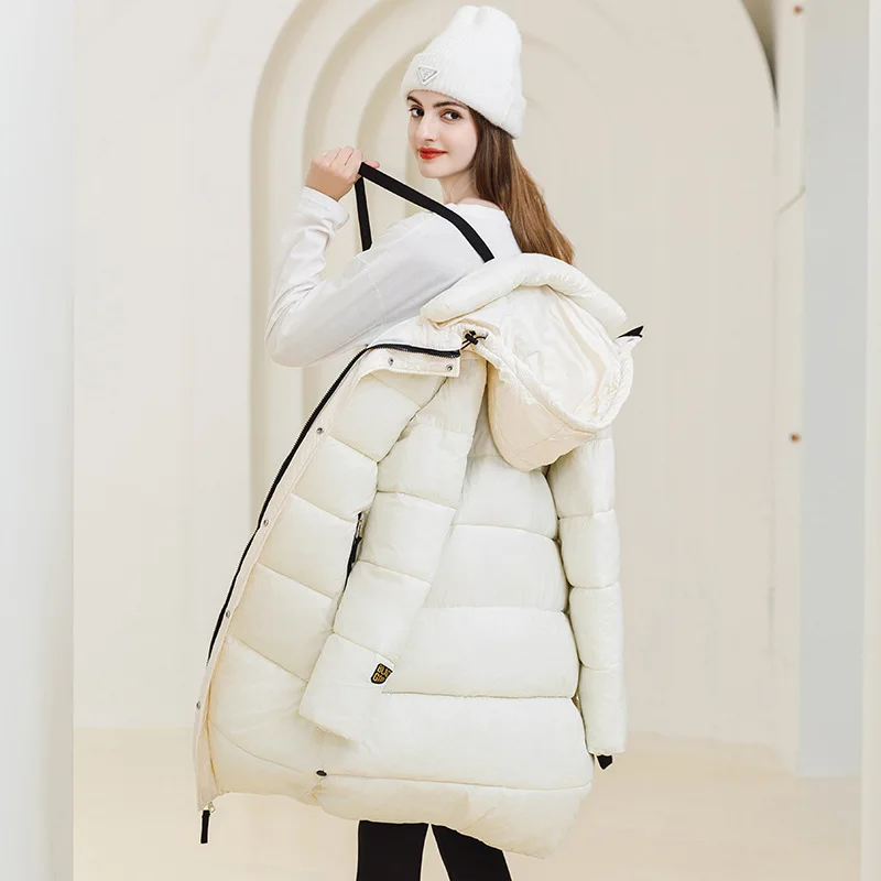 เสื้อแจ็คเก็ตฤดูหนาวแบบใหม่สำหรับผู้หญิง ยาวคลุมเข่า บุผ้าฝ้ายหนา เสื้อโค้ทมีฮู้ด เสื้อผ้าผู้หญิง