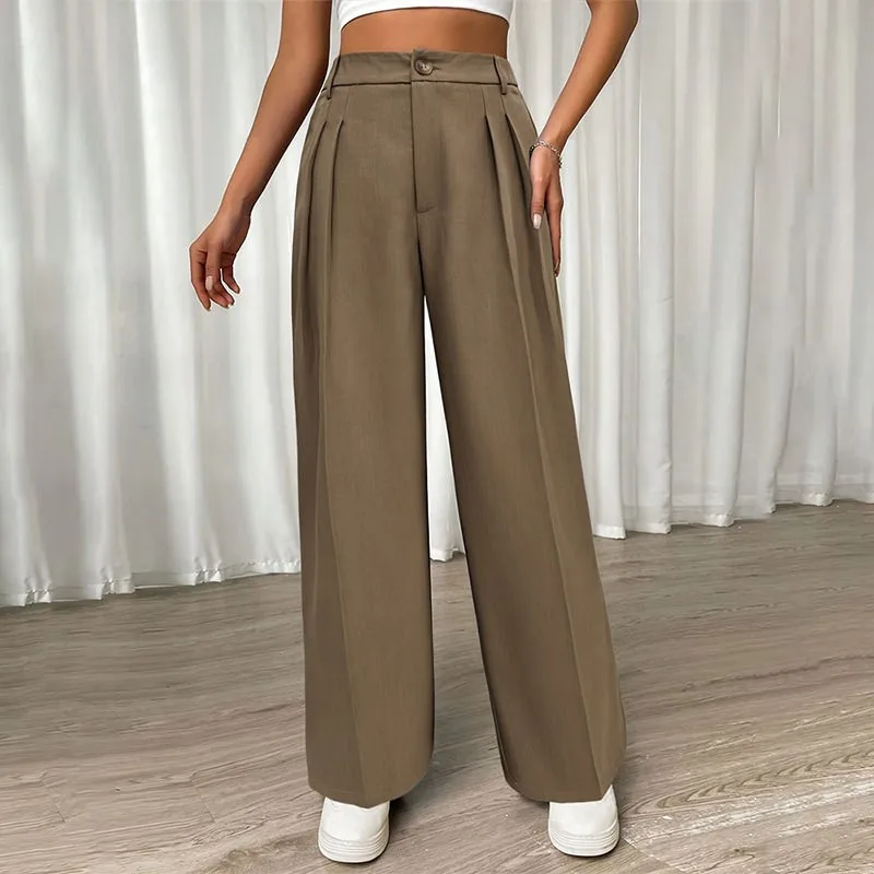 Solid Color Women's Straight Leg Casual Pants Khaki 2024 New Pants Button Zipper High Waist Pleated Wide Leg Autumn Pants Ladies