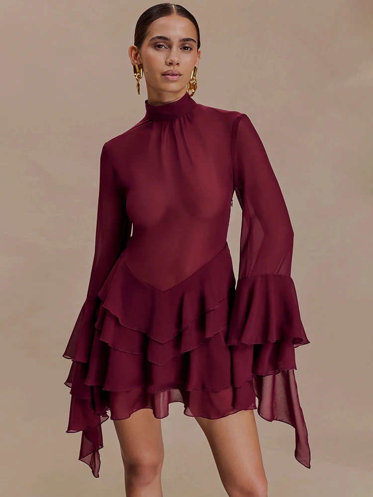 

Mozision сетчатое прозрачное сексуальное мини-платье с рюшами женское элегантное водолазка с длинным рукавом многоуровневые оборки клубные вечерние платья женские