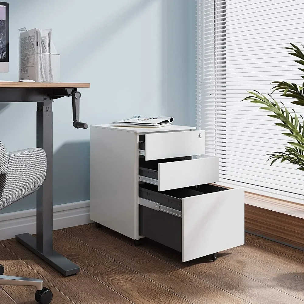 

Locking File Cabinet, 3 Drawer Rolling Pedestal Under Desk Office, Fully Assembled Except Casters, White