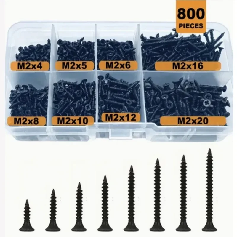 M2 Black Cross Countersunk Head Flat Head Self Tapping Screw Combination Carbon Steel Black Phillips Mini Screw 800PCS