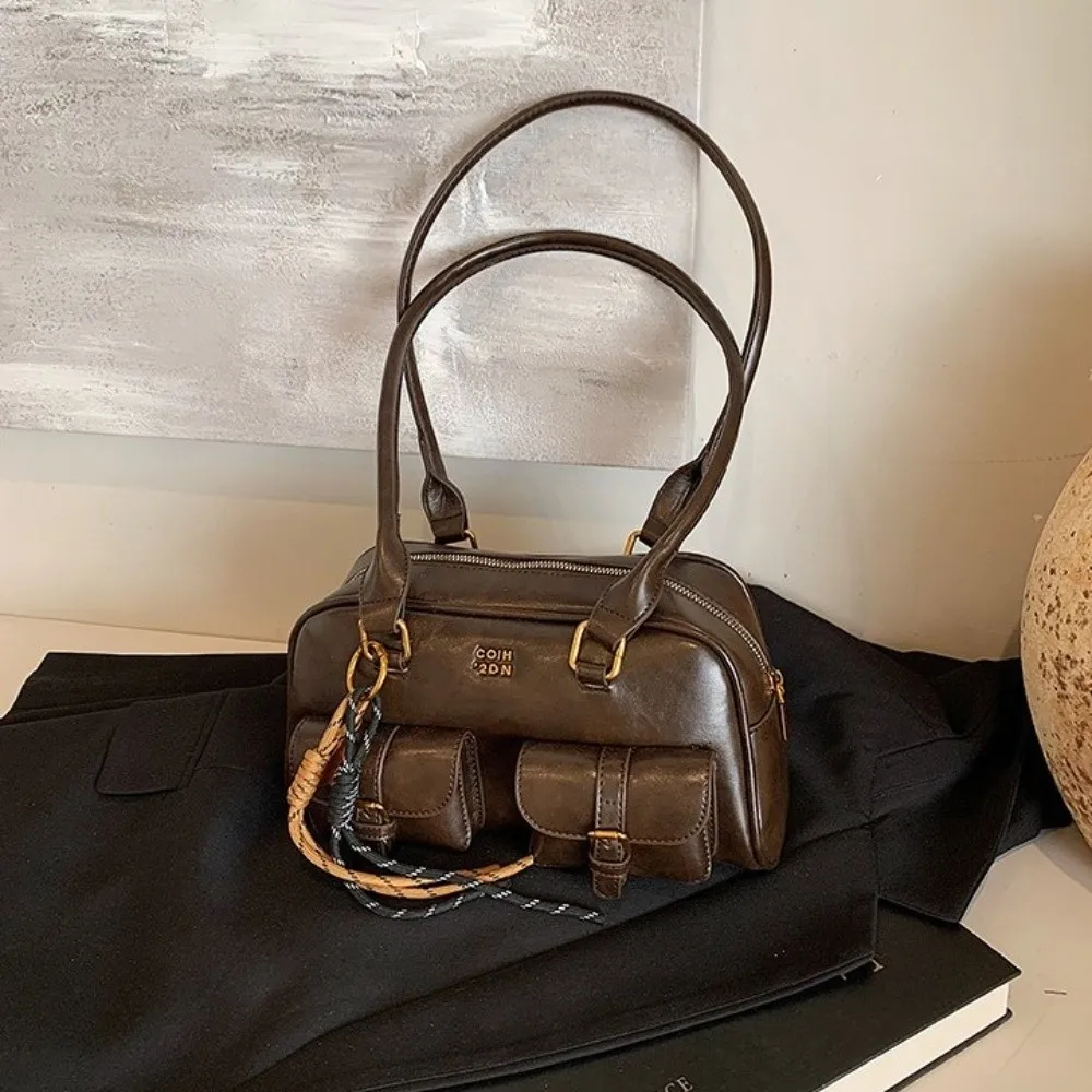 

Casual JK Leather Shoulder Bag Solid Color PU Leather Bowling Bag Handheld Zipper Closure Hobo Bag Gift