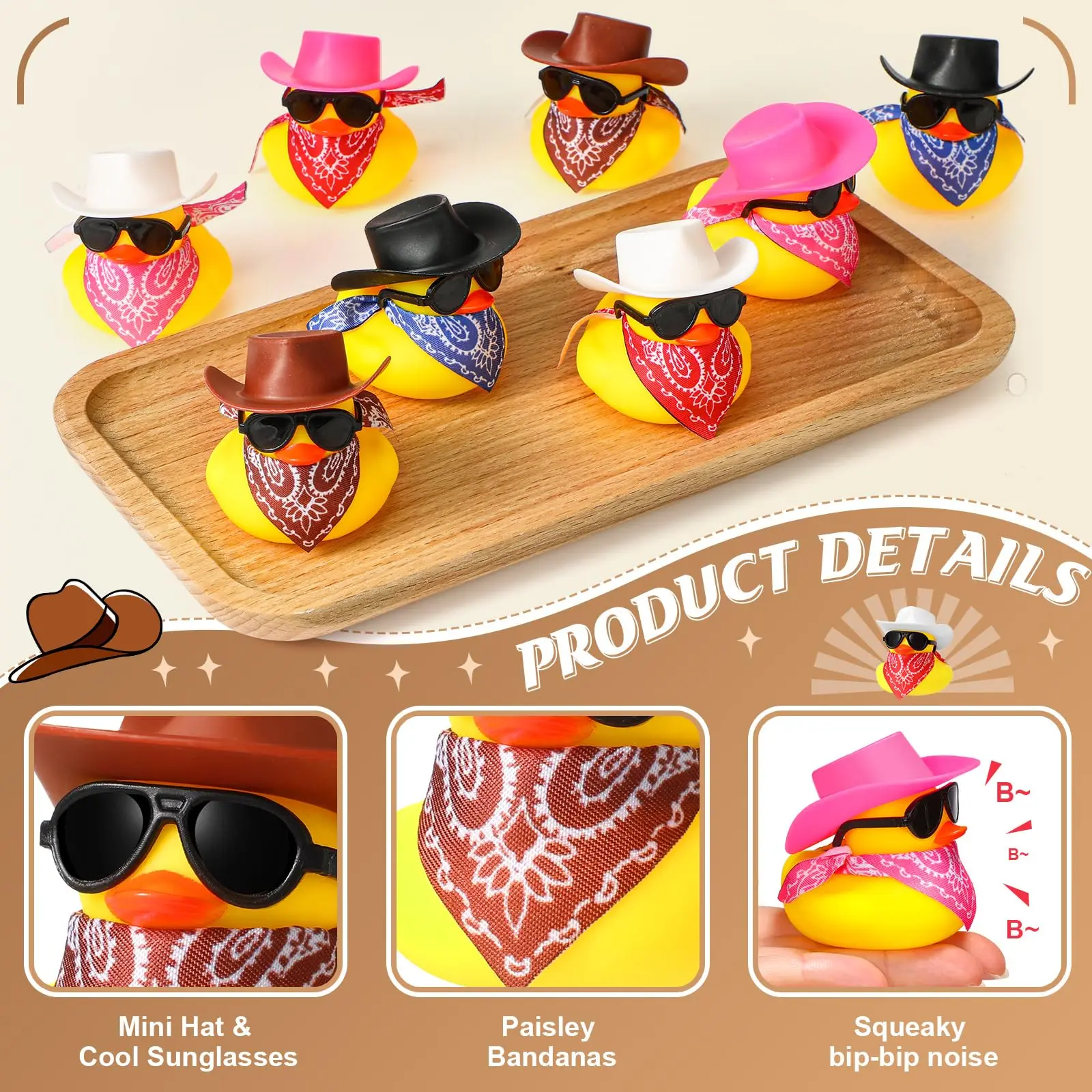 6 Set Cowboy Rubber Duck with Hat and Scarf, Mini Rubber Duckies Party Toys Shower Birthday Swimming Party Favor