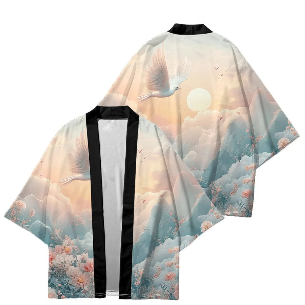 Summer New Cloak Japanese Ukiyo-e Landscape Crane Feather Weaving Digital Printing Chinese Style Cardigan Harajuku Kimono Women