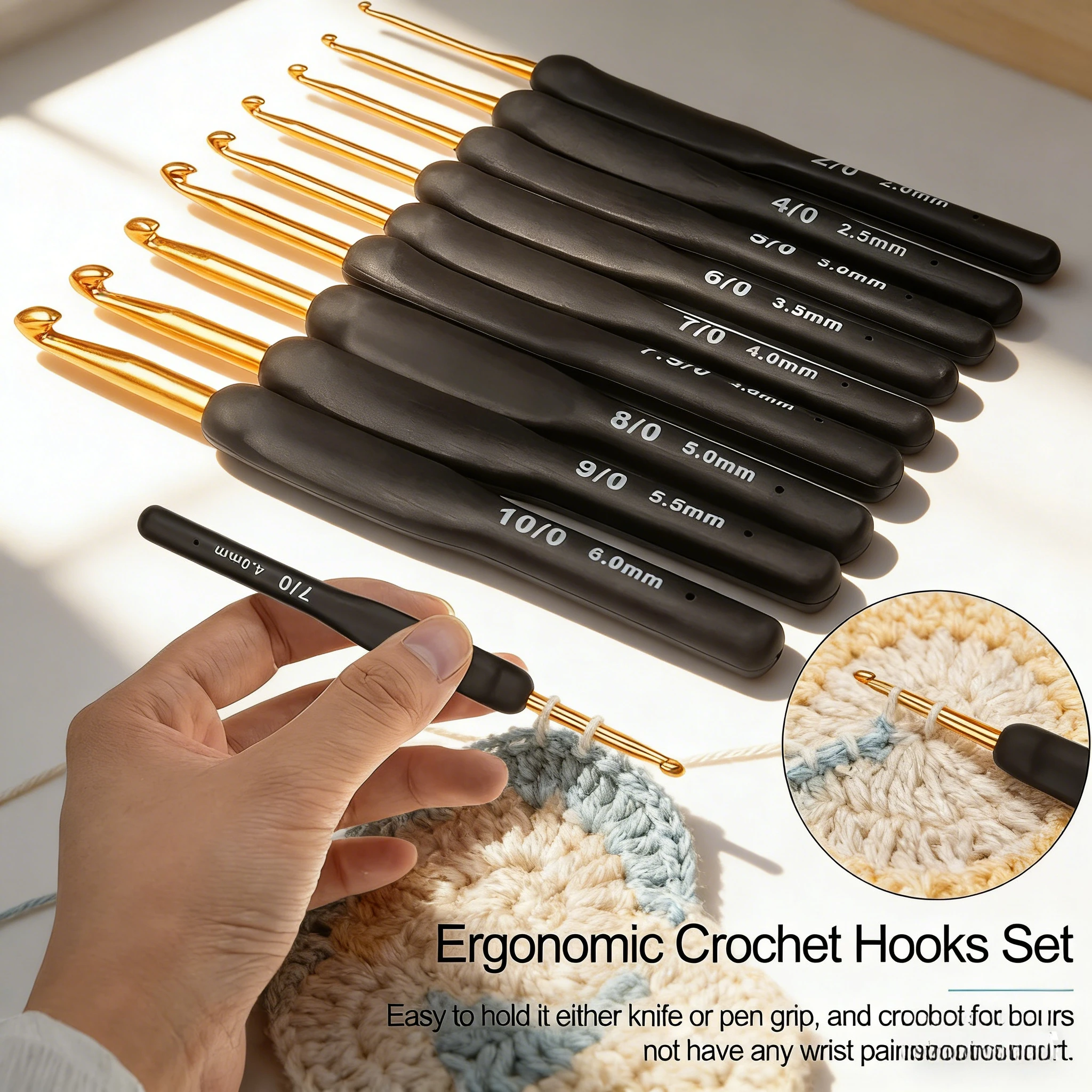9PCS Black Crochet Hooks Set for Arthritic Hands, Ergonomic Crochet Hook Soft Crochet Needle, 2.5-6.0mm Hook Kit for Beginner