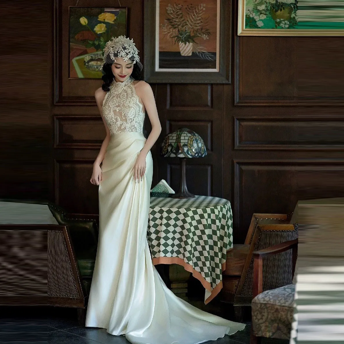 

Ivory Lace Bodice Satin Floor‑Length Skirt with Back Lacing, Train Flowy Silhouette Summer Boho Vintage High‑Waist Skirts 2026