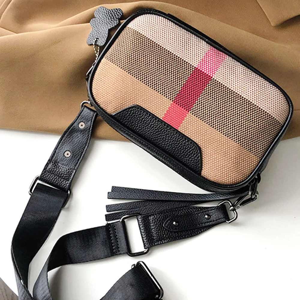 Causal Stripes Canvas Women Shoulder Bag 2 Zippers Square Luxury Female Wide Strap Camera Crossbody Bag 2023 Lady Purse Handbag