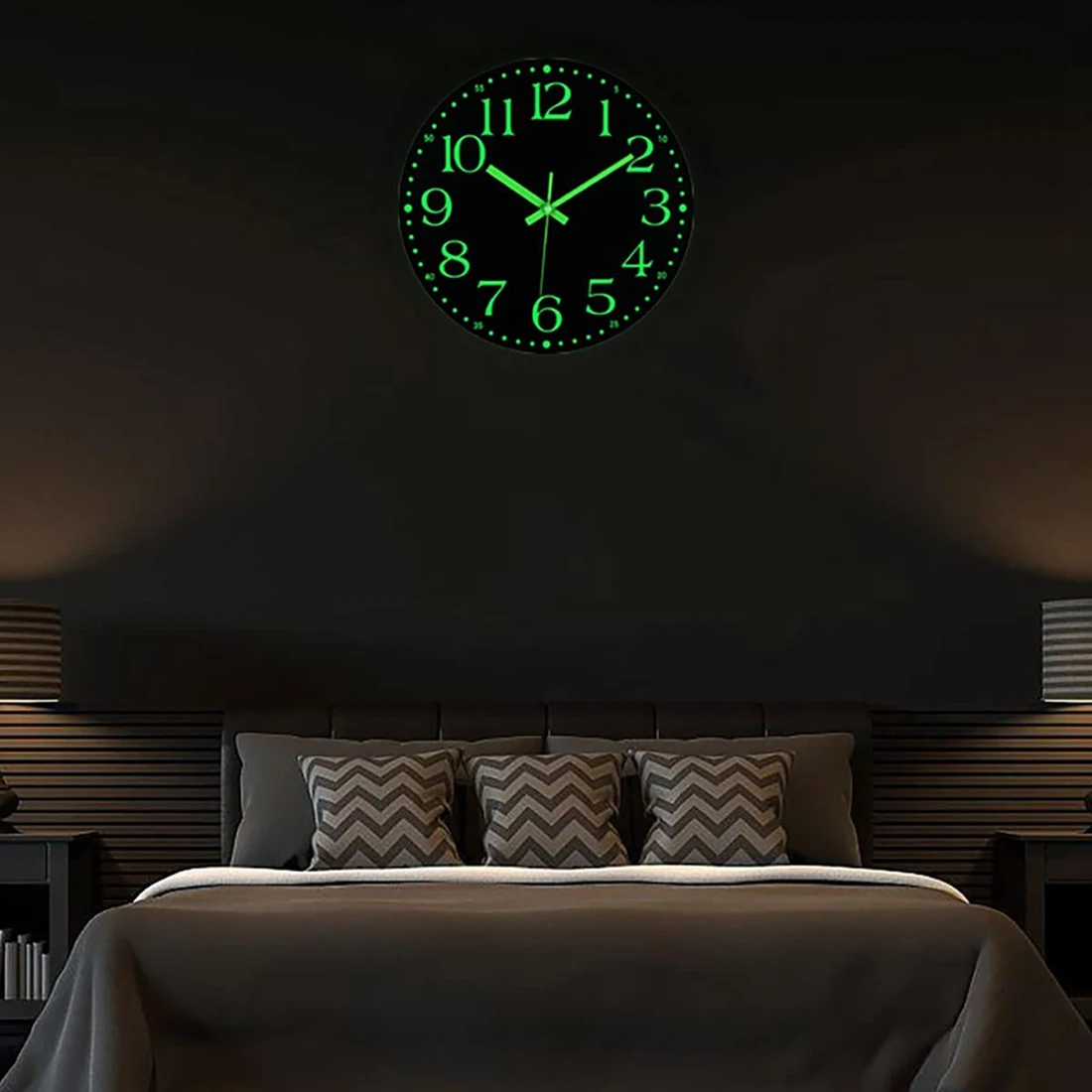 Reloj de pared luminoso, accesorio silencioso de 12 pulgadas, no hace tictac, funciona con pilas, decoración iluminada para dormitorio