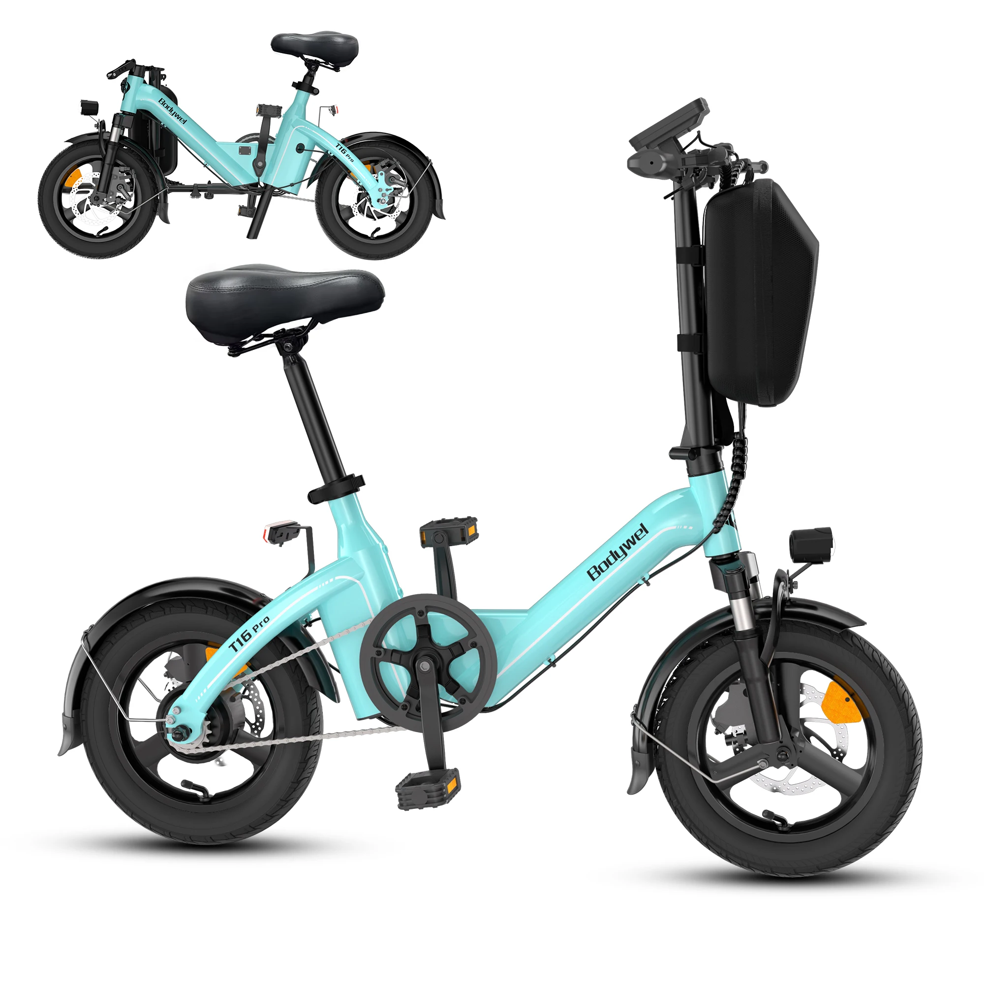 Opvouwbare e-bike voor volwassenen, 14 inch, elektrische fiets, 36V 10,4Ah accu, 250W motor, 25 km/u, elektrische forenzenfiets Bodywel T16PRO