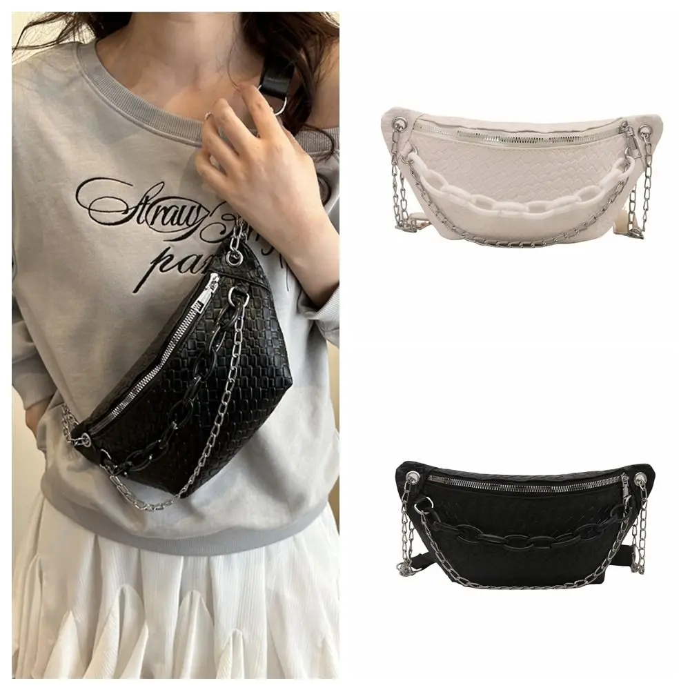 

Casual Solid Color Leather Fanny Packs Chain Crossbody Bag Chest Bag Large Capcity Waist Bag Crossbody Waist Pack Outdoor