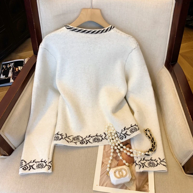 خمر طباعة سترة مشغولة من الصوف المرأة Harajuku اقتصاص سترة سوداء ملابس خارجية الكورية طويلة الأكمام تريكو الشتاء لاعبا جديد #6