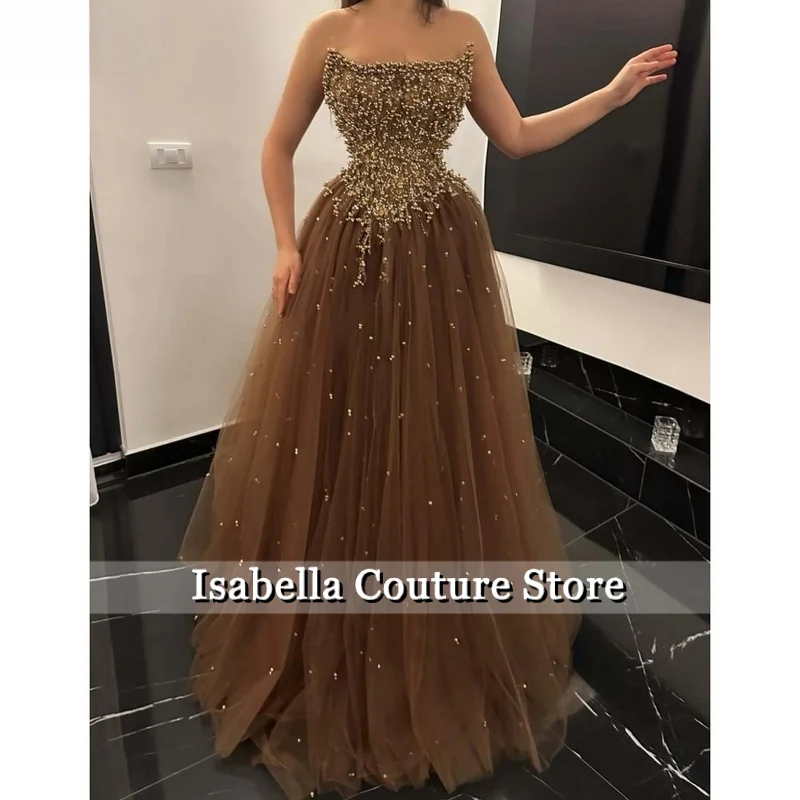 

Brown Square Strap Gold Beaded Tulle Customized Formal Evening Floor-Length Gown vestidos de gala Elegant Prom Dresses
