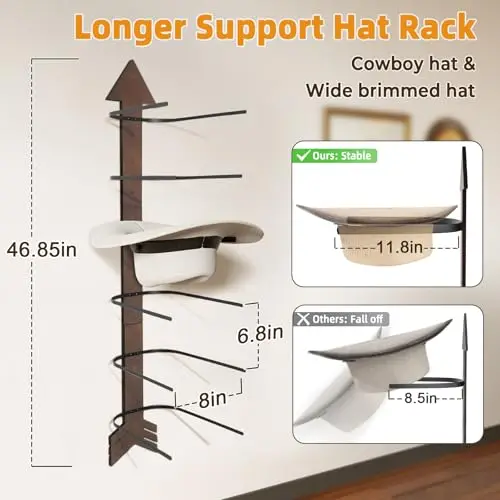 

Arrow-Style Solid Wood Wall Hat Rack With 6 Tiered Compartments, 15 Macrame Hooks, 31x53 Inch Organizer For Cowboy & Wide Brim