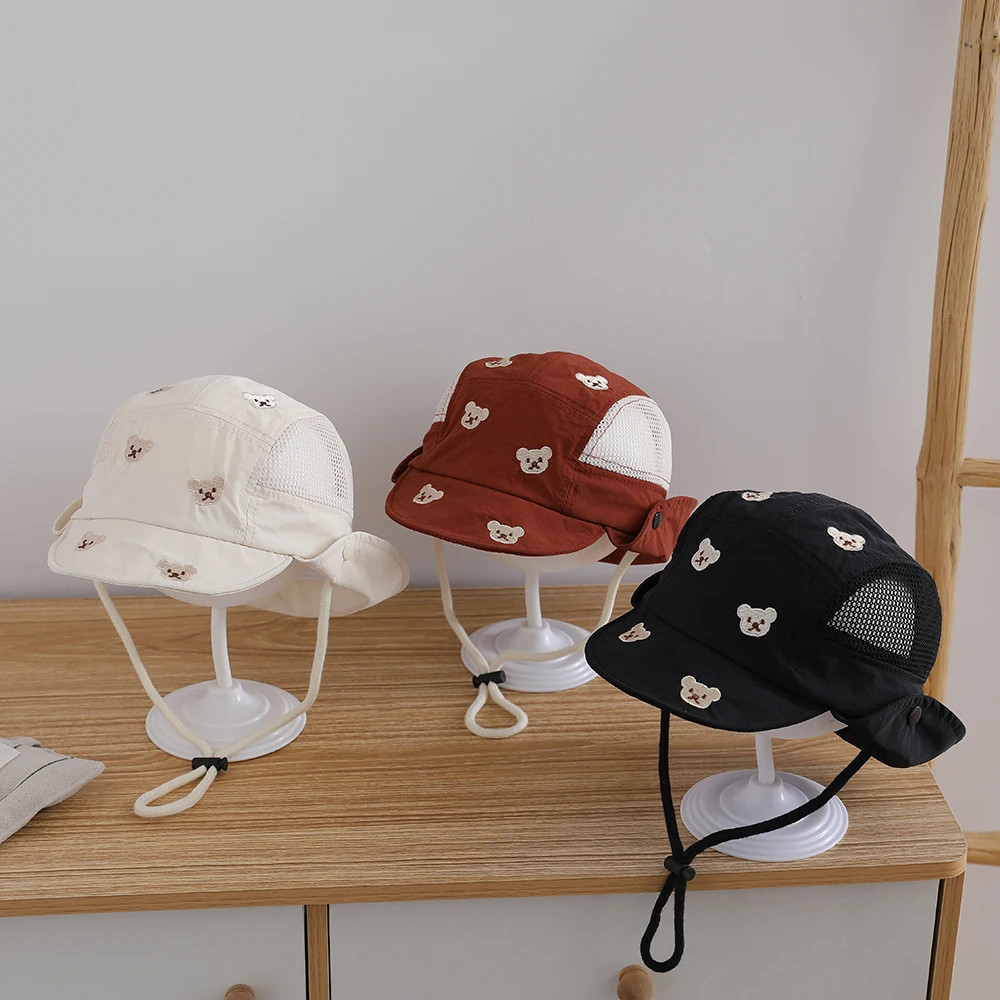 Child's Trendy and Versatile Full-Embroidered Little Bear Double-Sided Breathable Mesh Fringed Cap-Style Fisherman Hat view 5