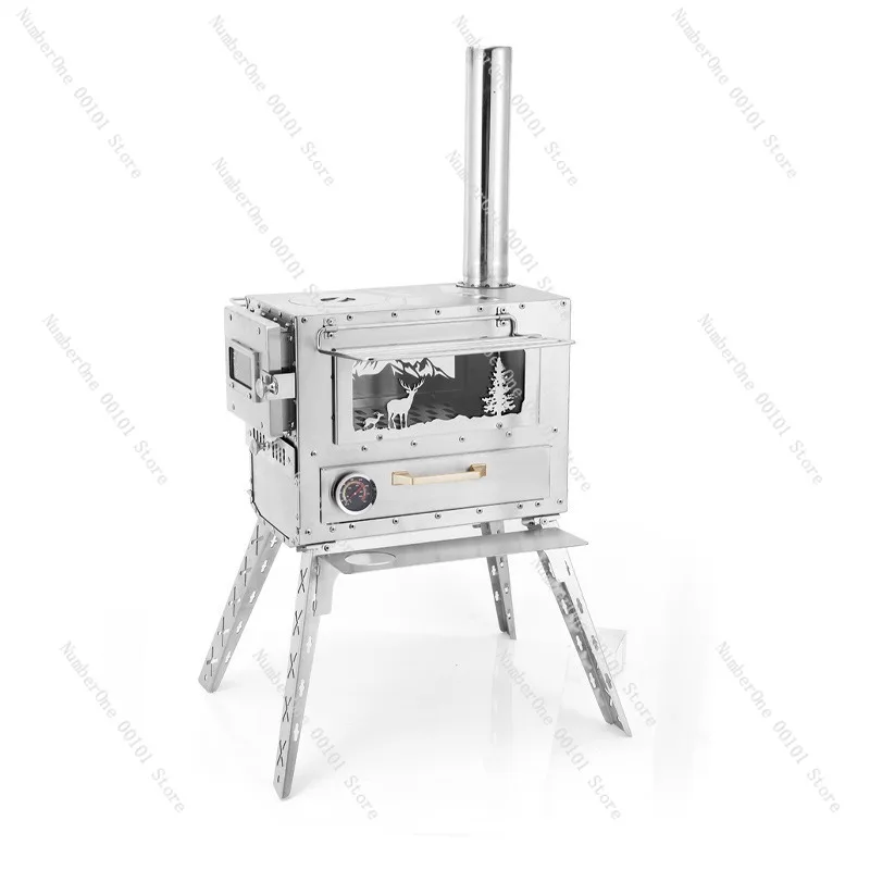 Outdoor stainless steel camping stove, glass chimney design, folding portable heating oven, charcoal fire stove, durable