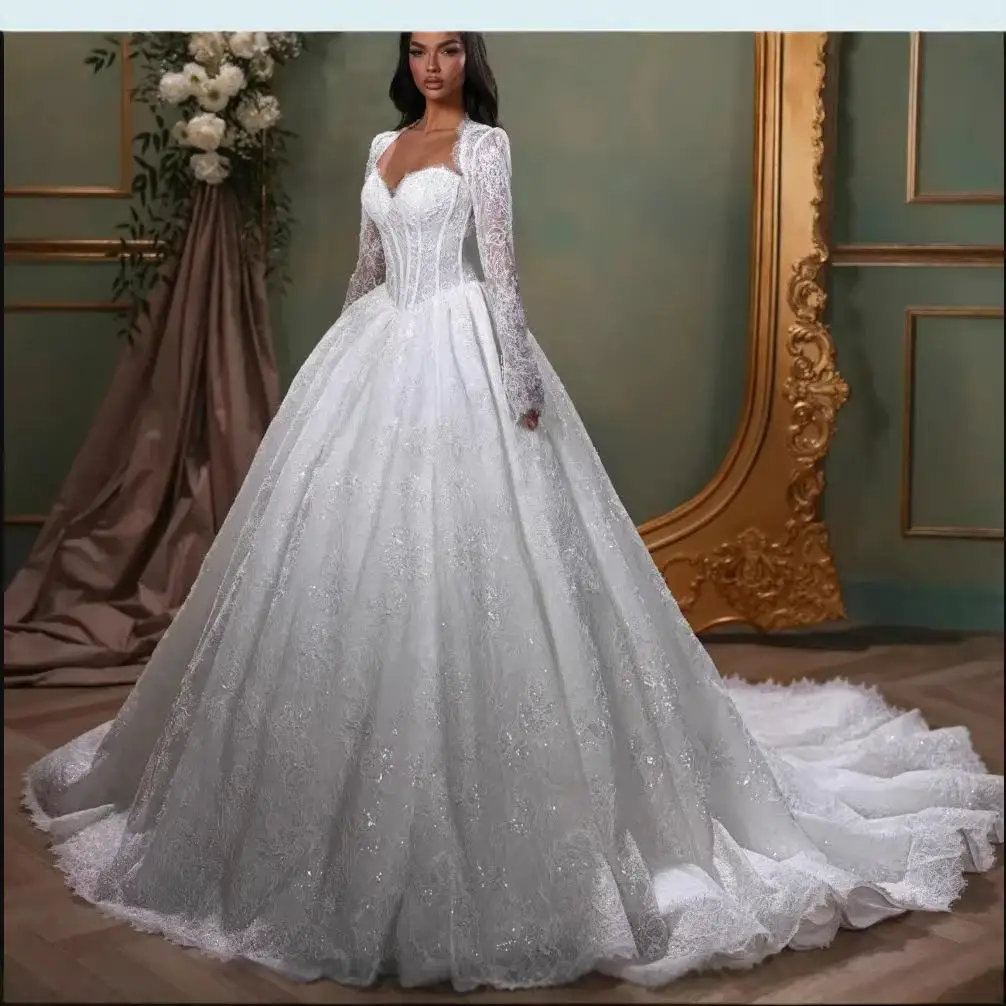 Customized Sweetheart Lace Appliques Wedding Dress For Bride with Jacket  Robe De Mariée Africa Long Sleeves Modest Bridal Gowns