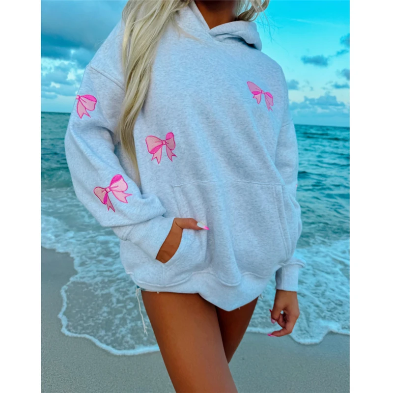 

Autumn Casual Bow Embroidery Hoodie Women Korean Fashion Thicken Hooded Sweatshirts Woman Y2K Streetwear Loose Hoodies Tops