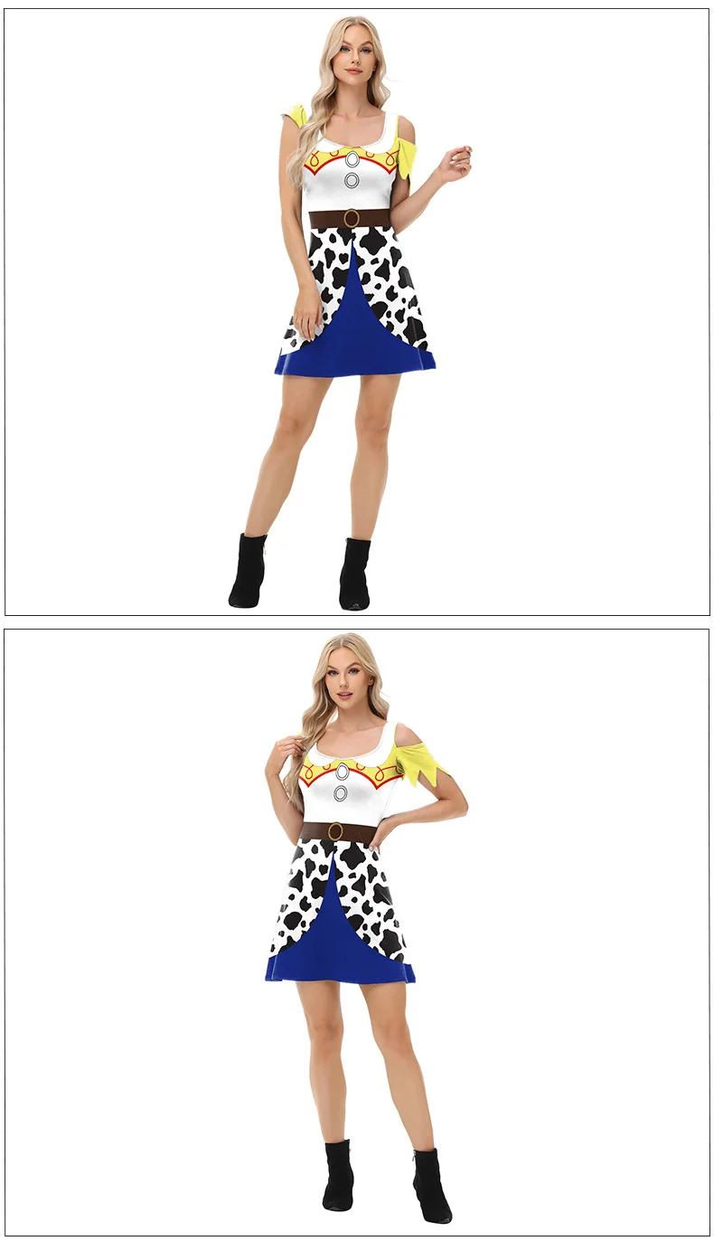 Damen Cowgirl Cosplay Kostüm mit Cold-Shoulder-Design, Kurzarm, Ripped-Look, Kuhmuster, Faschingskostüm für Halloween, Karneval, Western-Themenparty – Detail 5
