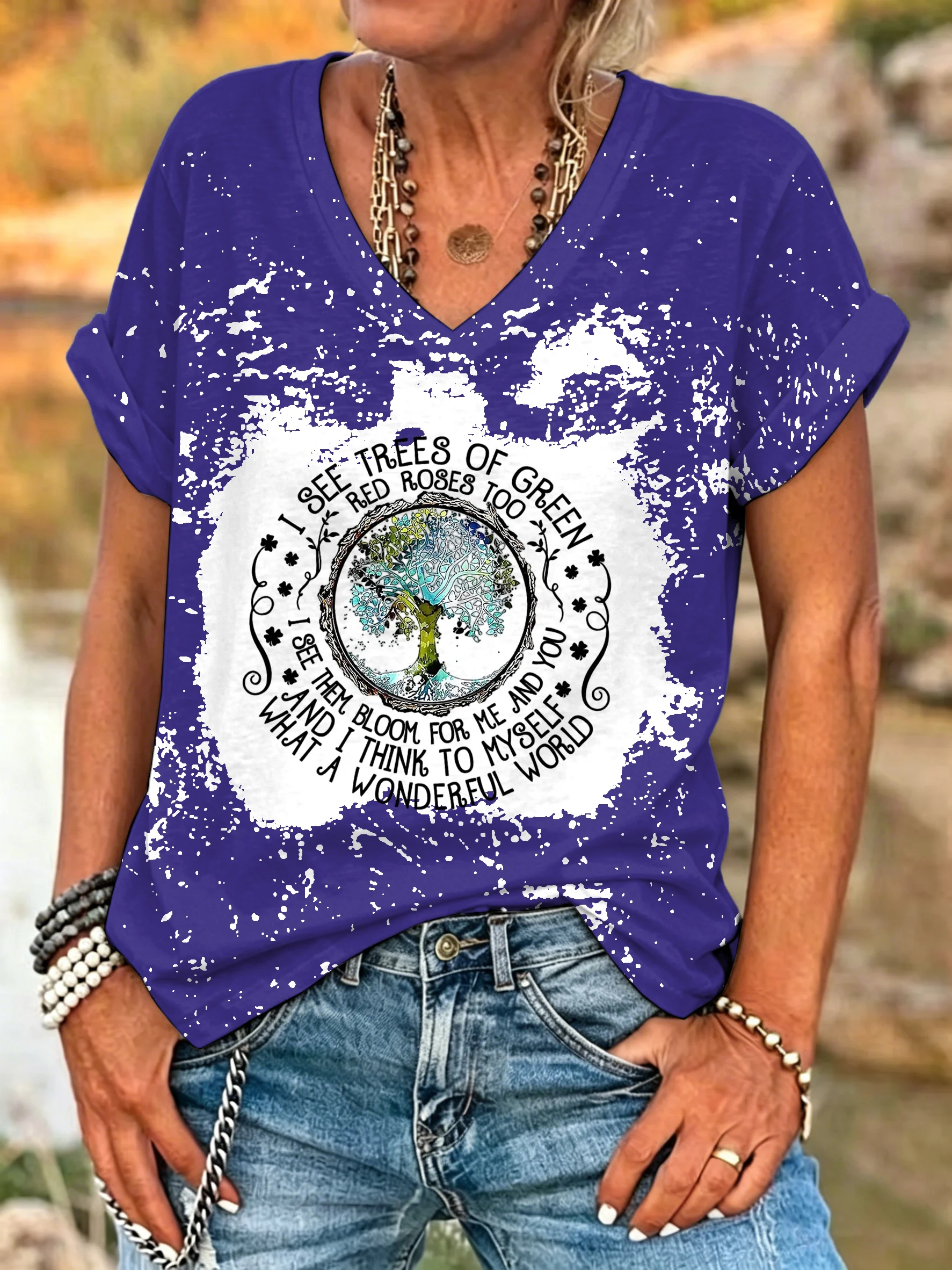 ilstile Women's What A Wonderful World Life Tree Bleached T-Shirt Boho Hippie Print V-Neck Short Sleeve Loose Casual Top