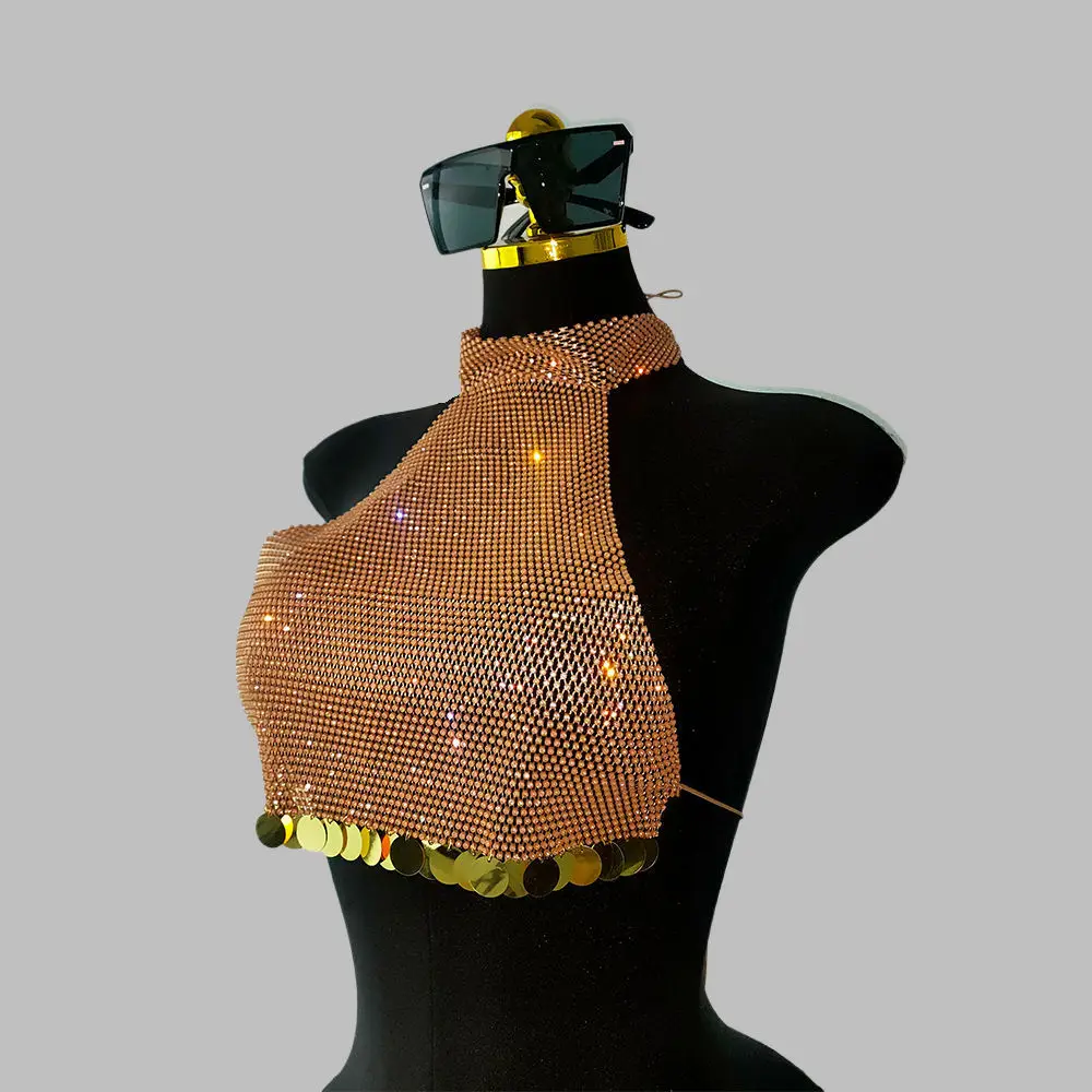 Women Elastic Mesh Rhinestone Camisole Sexy Hollow Out See Through Fishnet Backless Sequins Tassel Crop Top Party Club Tank Top