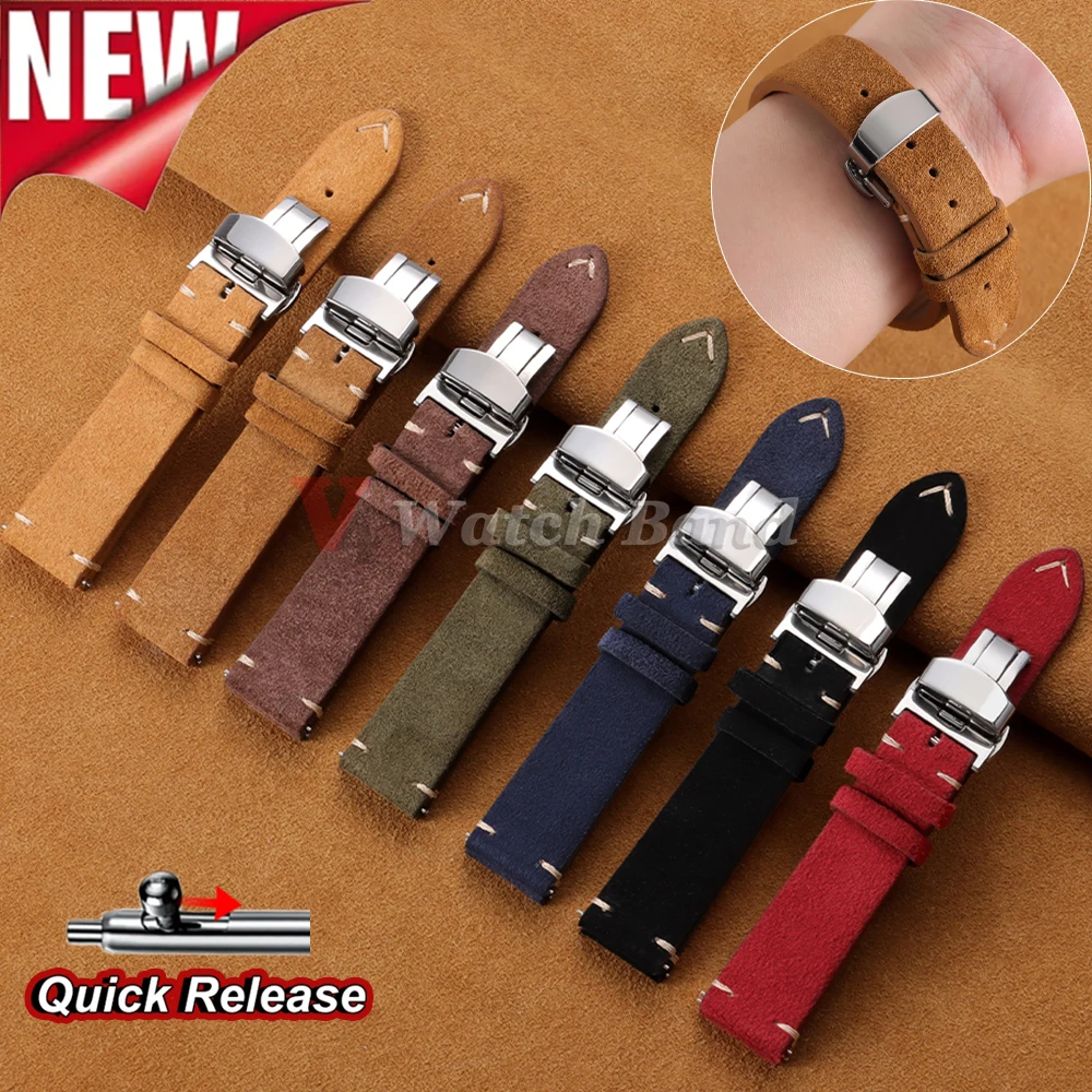 Vintage Suede Cowhide Watch Strap for Omega for Seiko 14/16/18/19/20/21/22mm Butterfly Buckle Bracelet Men Women Sport Wristband